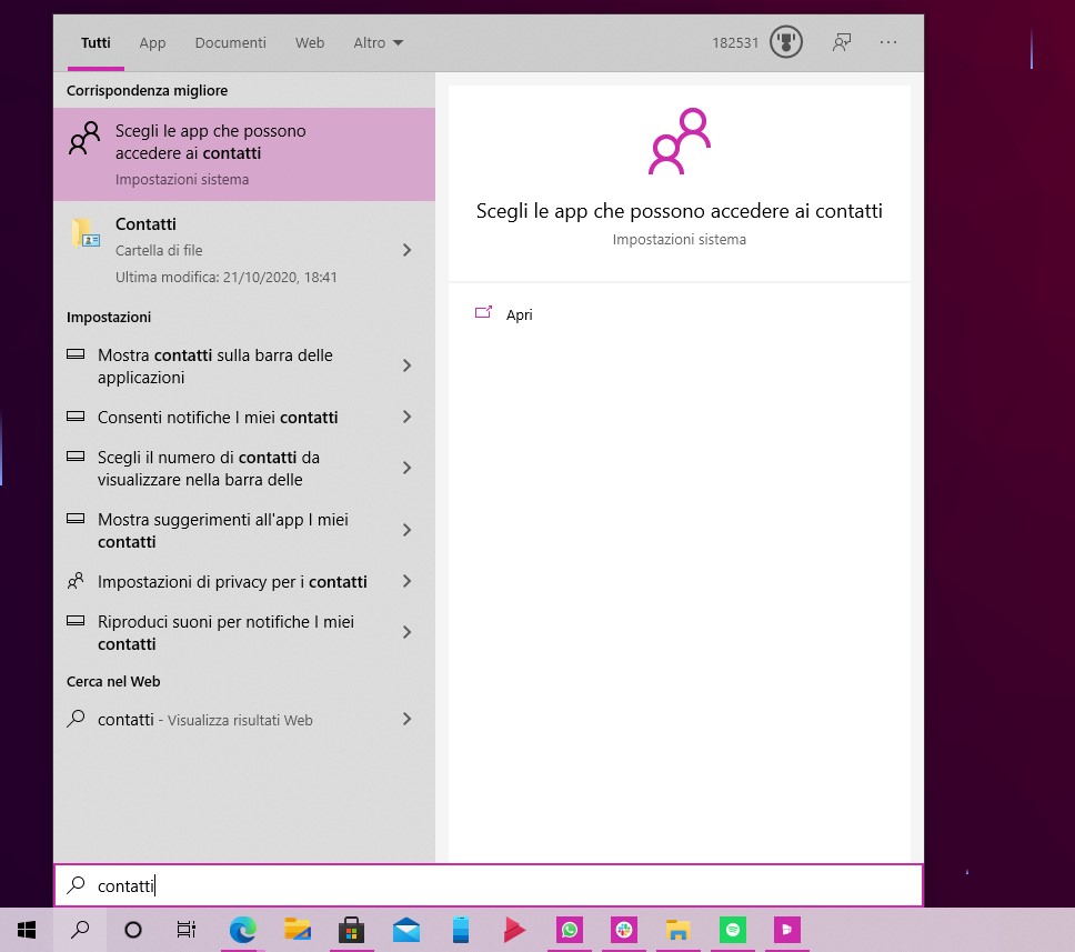 Windows 10 - Ricerca Windows - Contatti