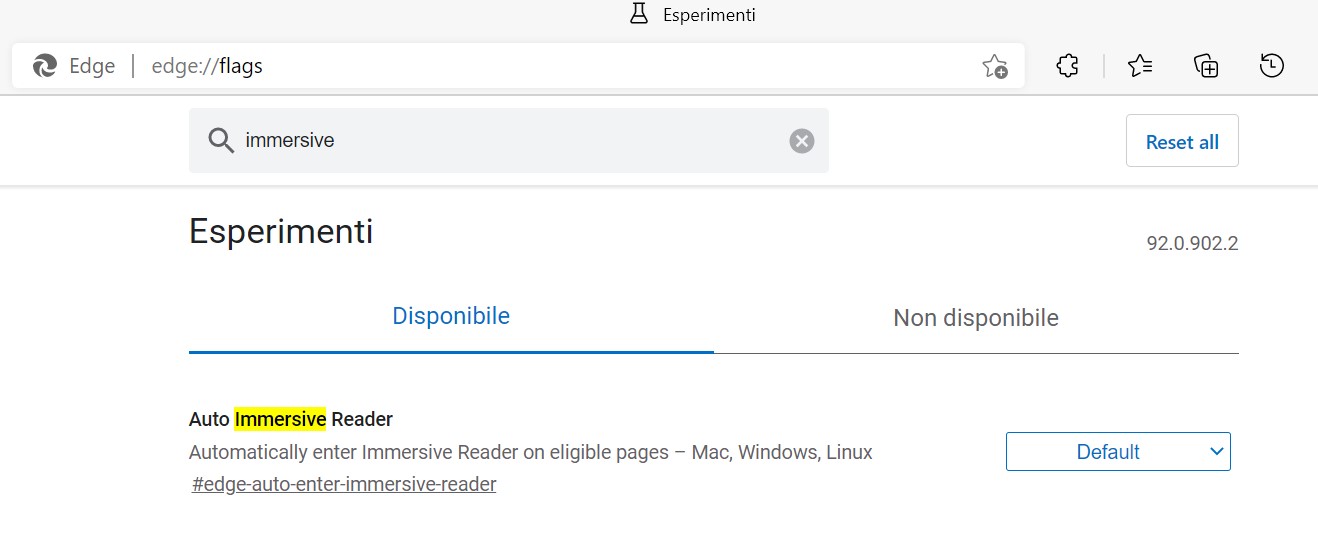 Microsoft Edge - Flag - Auto Strumento di lettura immersiva
