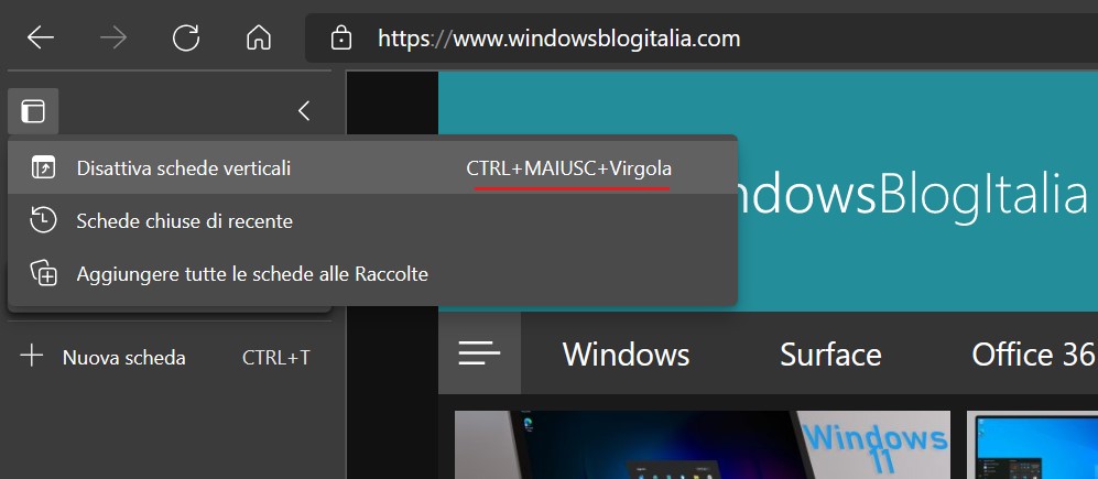 Microsoft Edge - Scorciatoia da tastiera per passare dalle schede verticali alle schede orizzontali
