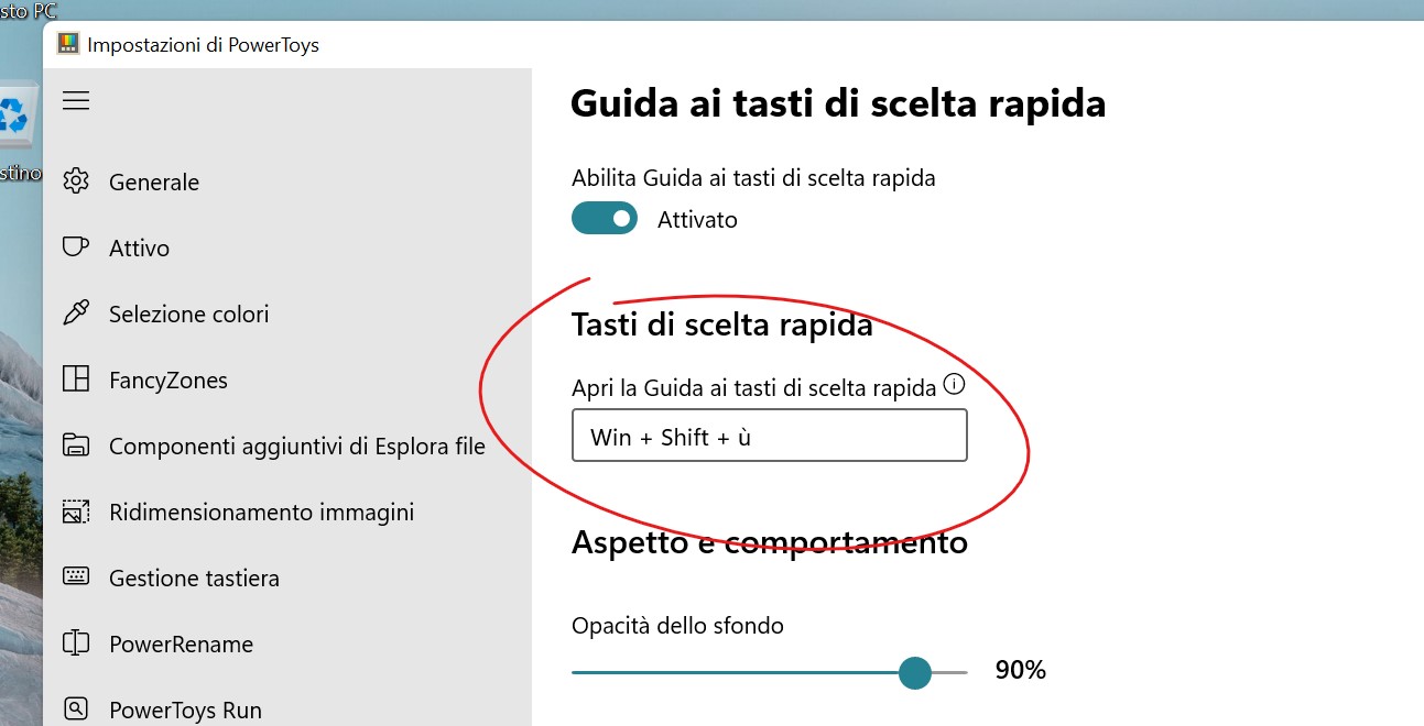 Microsoft PowerToys - Guida ai tasti di scelta rapida - Selezione combinazione da tastiera per l'attivazione