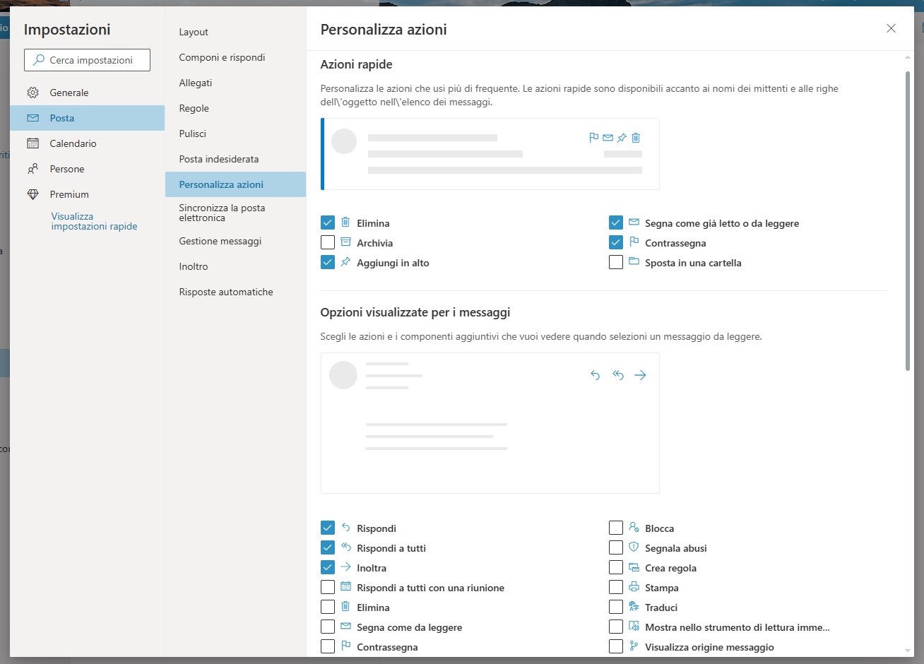 Outlook - Impostazioni di personalizzazione azioni