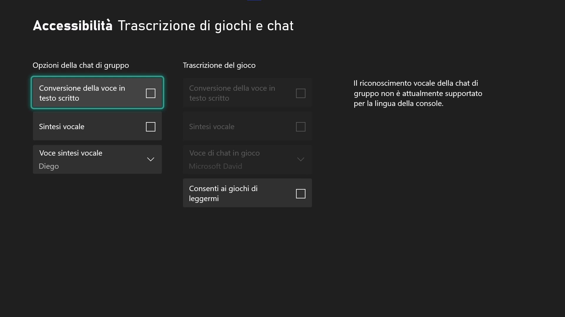 Trascrizione di giochi e chat - Xbox