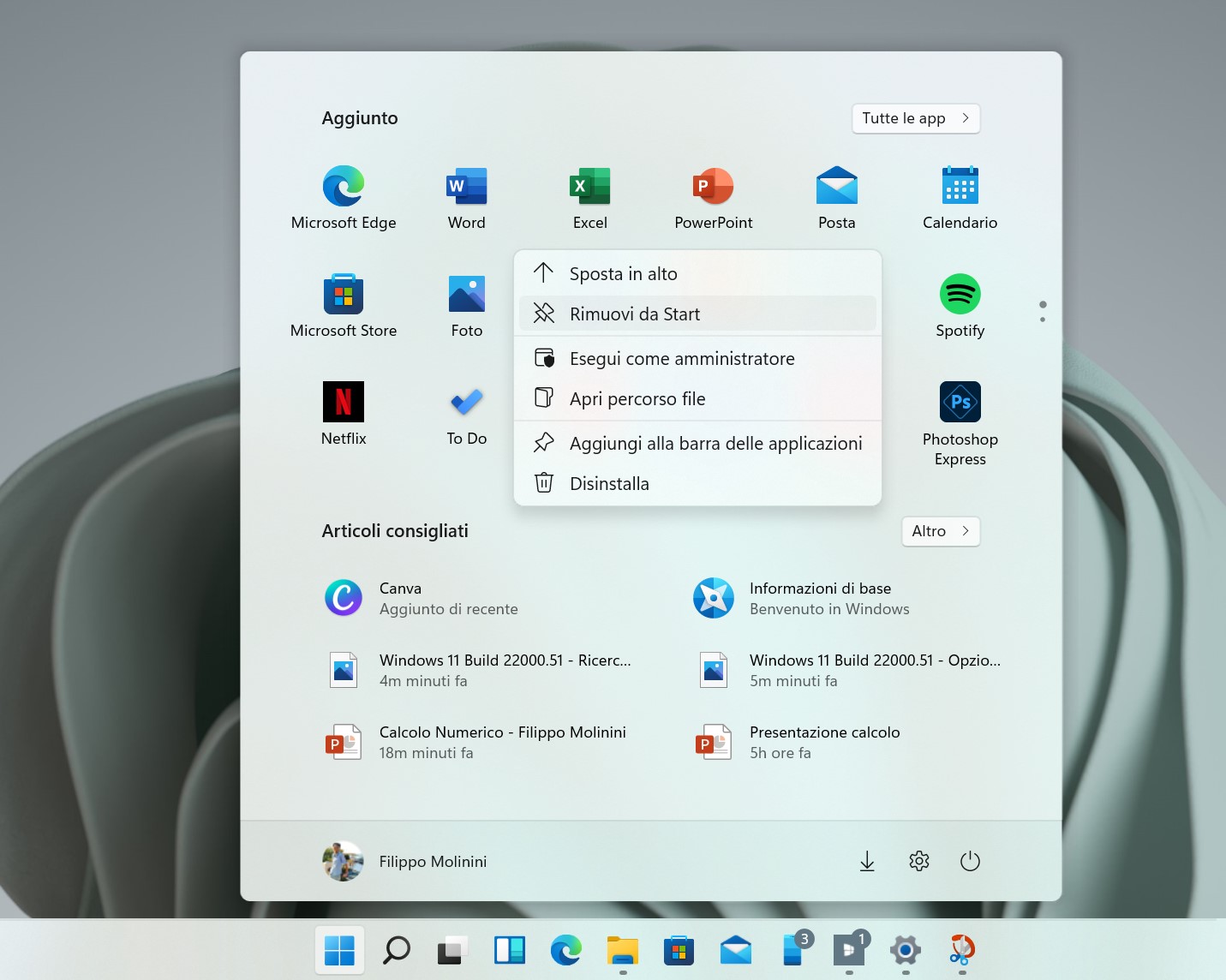 Windows 11 Build 22000.51 - Menu Start - Rimuovi app fissata
