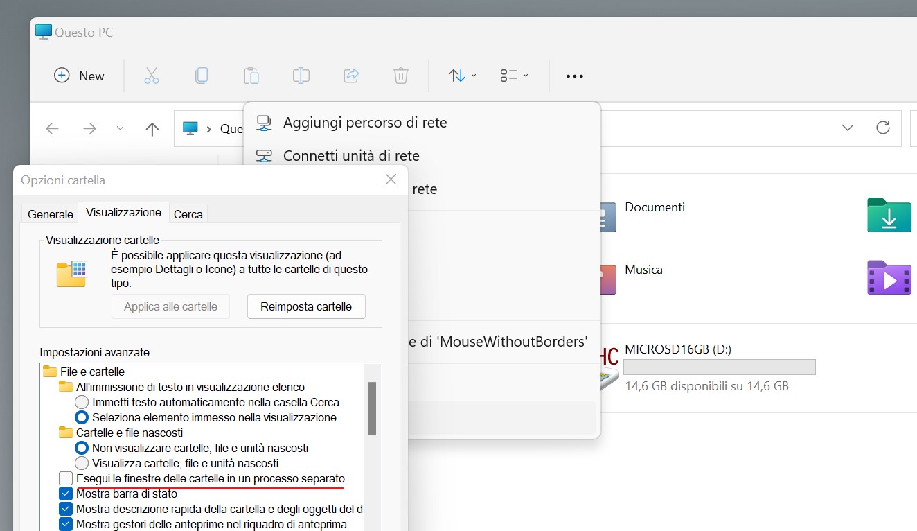Windows 11 Build 22000.51 - Opzioni cartella - Esplora file - Esegui le finestre delle cartelle in un processo separato