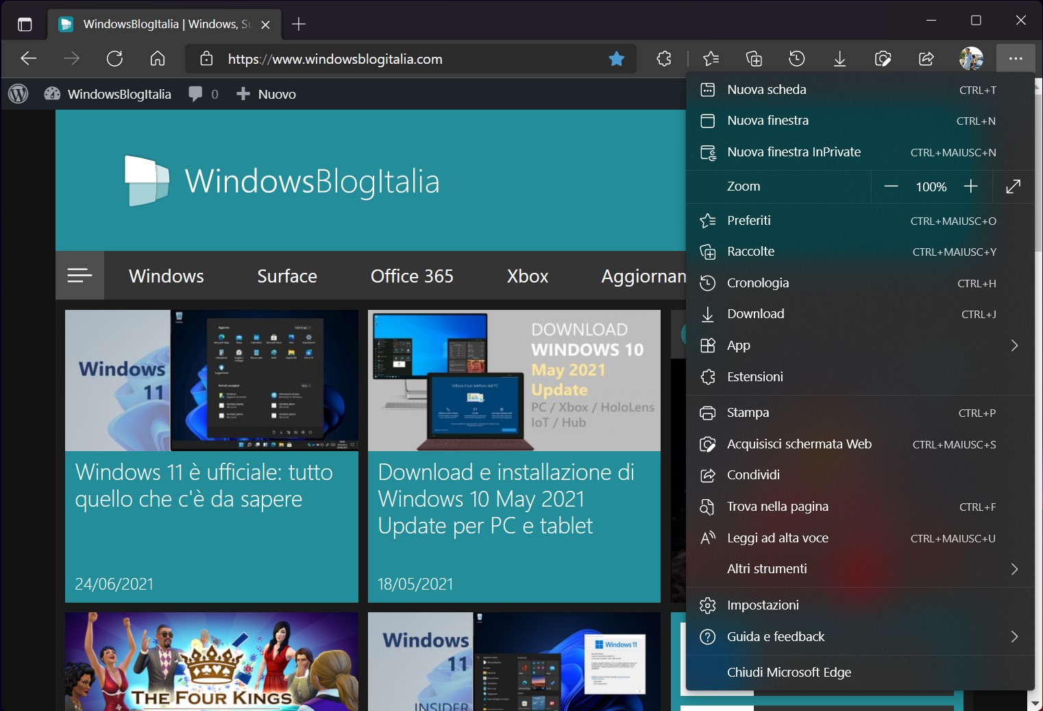 Microsoft Edge Canary - Enable Windows 11 Visual Updates - Nuovo design menu semitrasparente