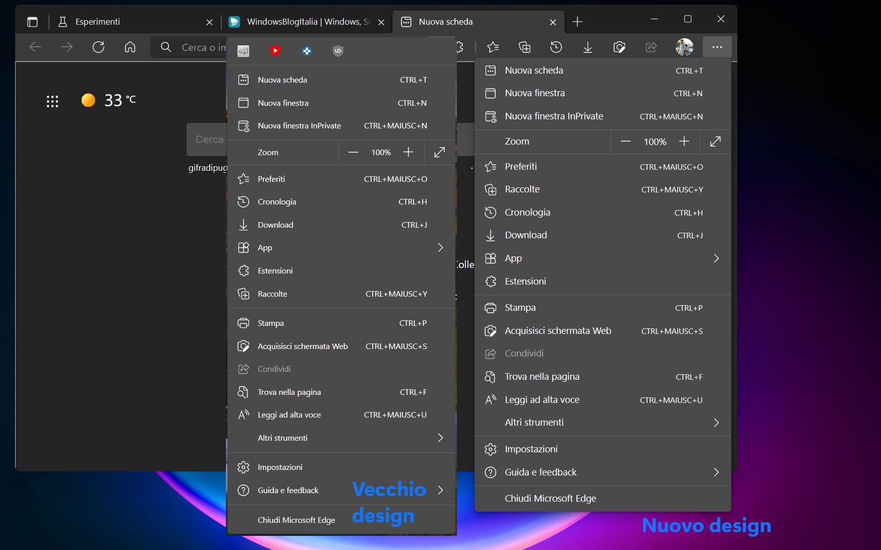 Microsoft Edge Canary - Flag - Enable Windows 11 Visual Updates - Nuovo design menu