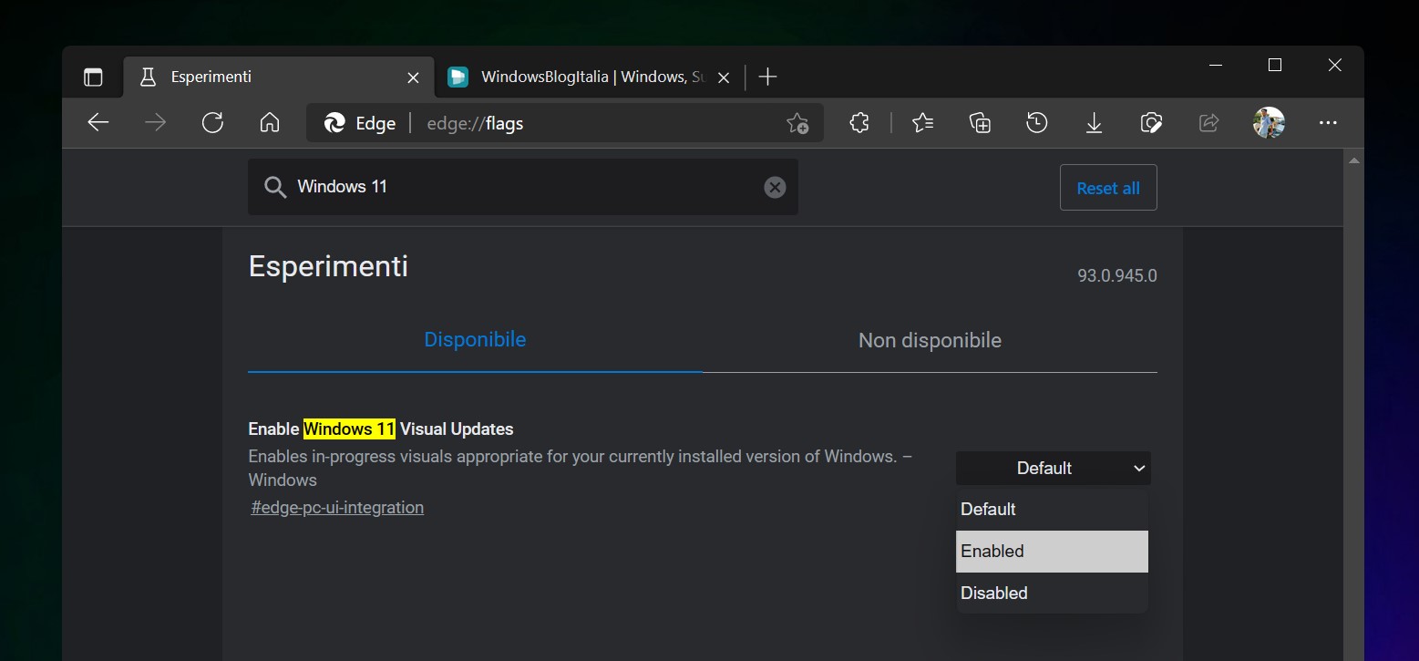 Microsoft Edge Canary - Flag - Enable Windows 11 Visual Updates