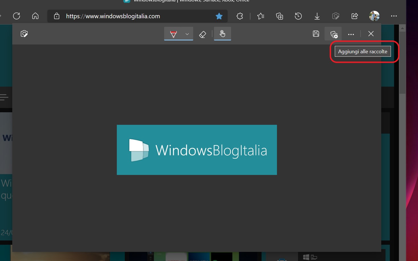 Microsoft Edge - Cattura di schermata Web - Aggiungi alle raccolte