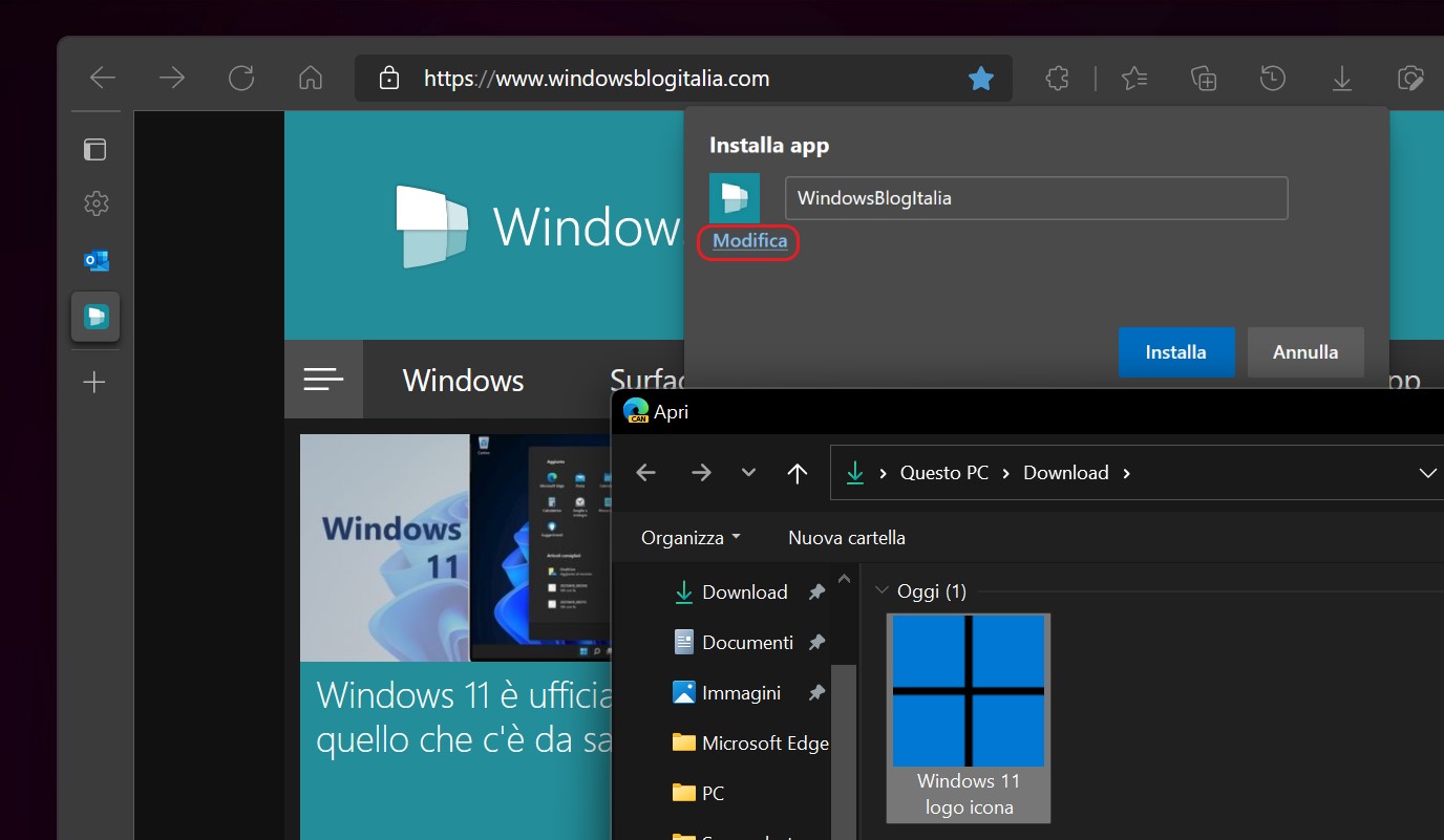 Microsoft Edge Dev - Modifica icona per le PWA installate