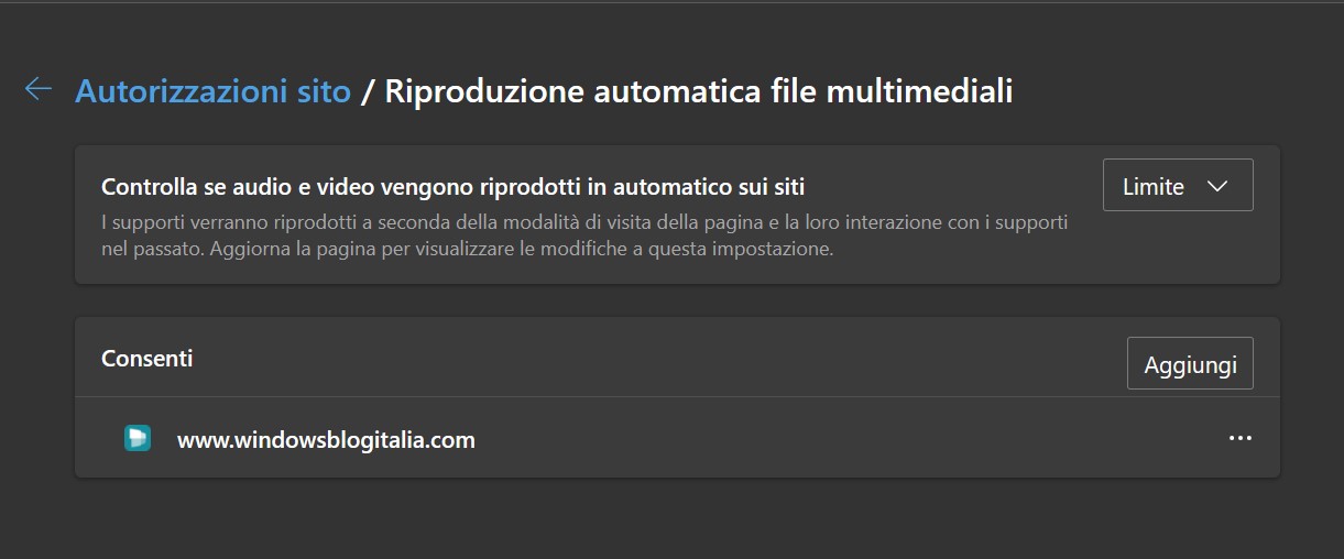 Microsoft Edge Dev - Pagina impostazioni Riproduzione automatica file multimediali - Opzione aggiungi siti web consentiti