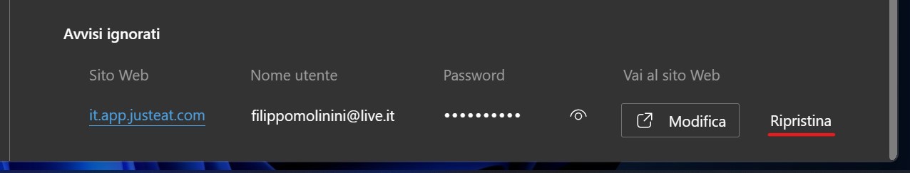 Microsoft Edge Dev - Pagina impostazioni gestore password - Ripristina avviso ignorato