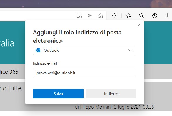 Microsoft Edge - Nuovo menu di condivisione - Invia messaggio di posta elettronica a me stesso