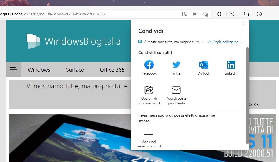 Microsoft Edge - Nuovo menu di condivisione