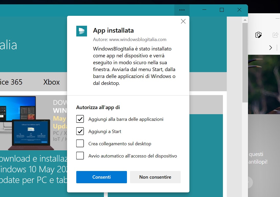 Microsoft Edge - Schermata post-installazione di una PWA