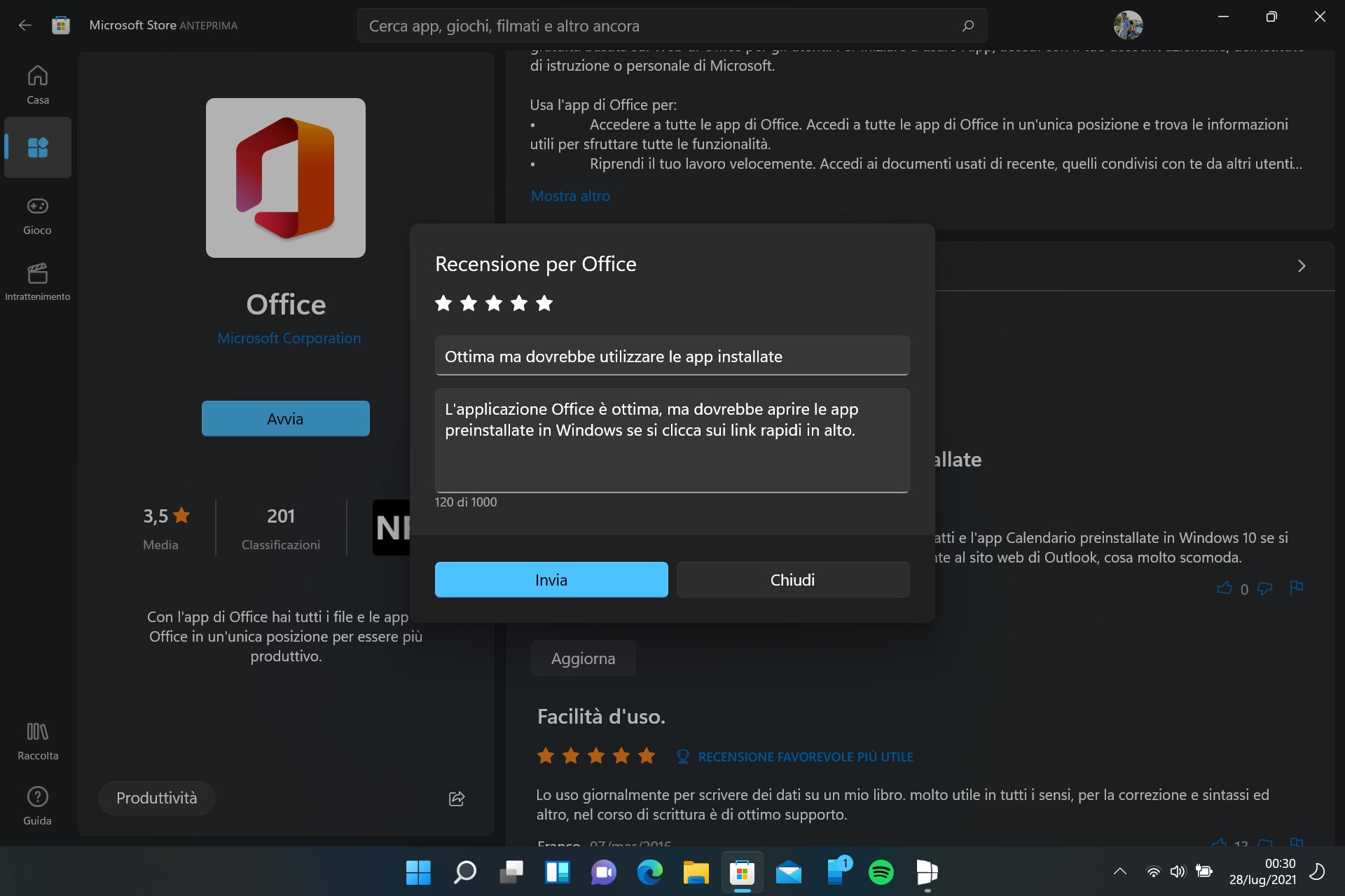 Microsoft Store su Windows 11 - Nuovo design finestra di dialogo per le recensioni