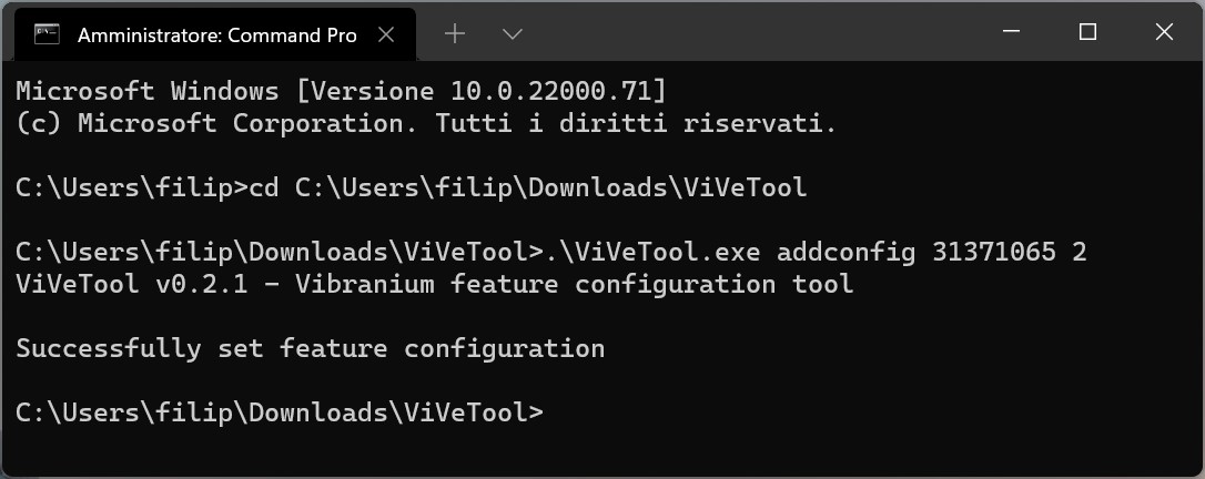 Strumento ViVeTool per Windows 11 - Configurazione Chat Teams impostata