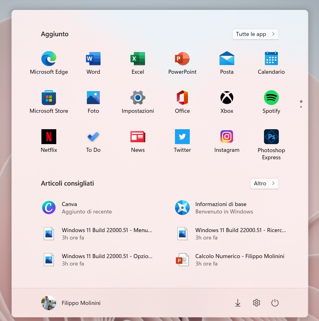 Windows 11 Build 22000.51 - Nuovo menu Start