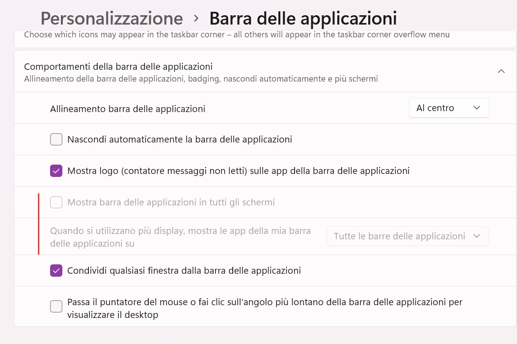 Windows 11 Build 22000.65 - Barra delle applicazioni - Mostra barra delle applicazioni in tutti gli schermi