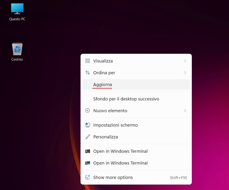 Windows 11 Build 22000.65 - Menu contestuale desktop - Pulsante Aggiorna