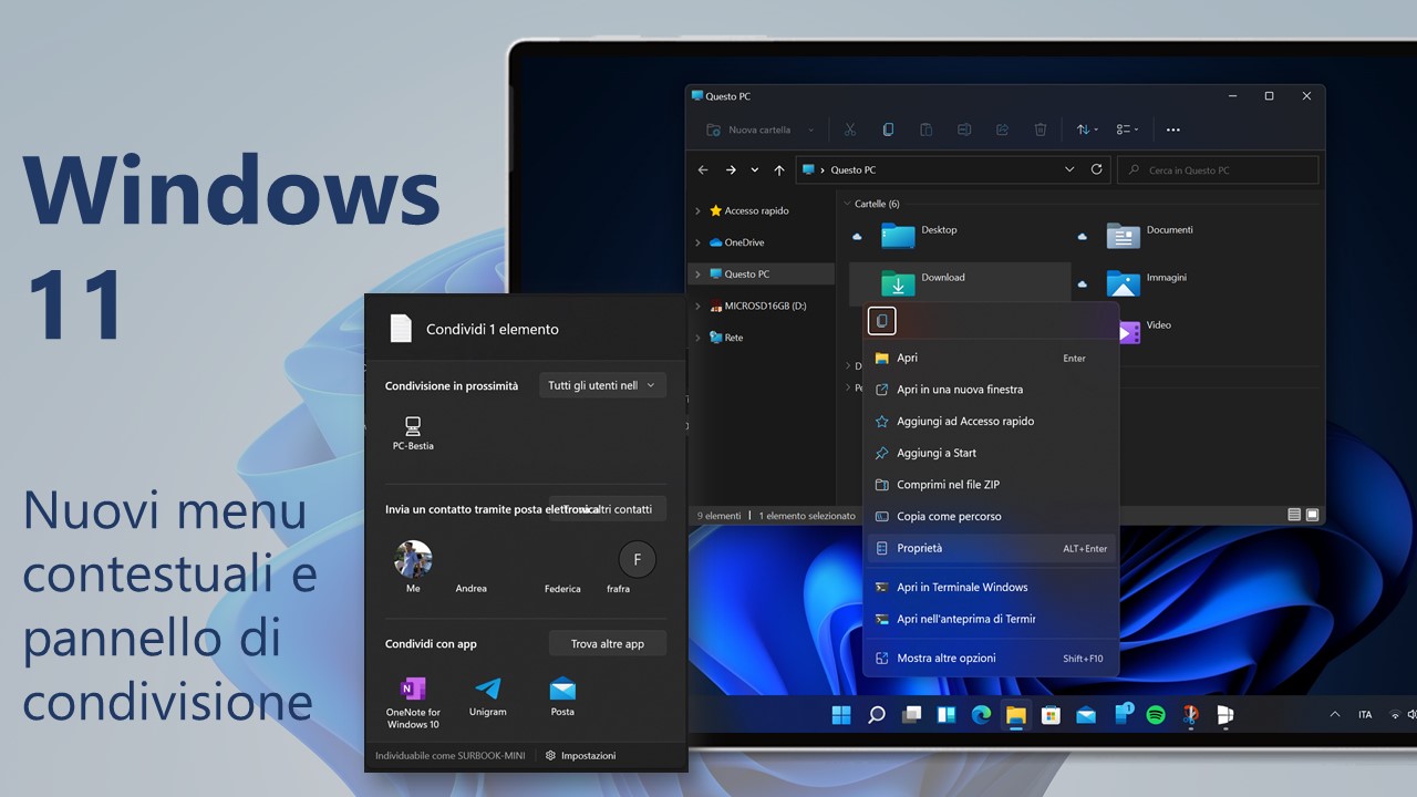 Windows 11 - Nuovi menu contestuali e pannello di condivisione