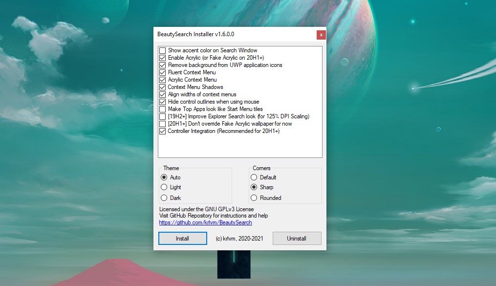 BeautySearch - Interfaccia dell'app e tweak disponibili per la Ricerca Windows