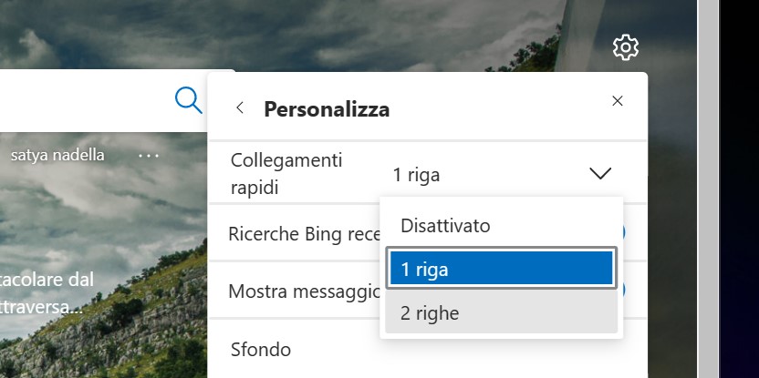 Microsoft Edge Dev - Due righe di collegamenti rapidi nella pagina Nuova scheda