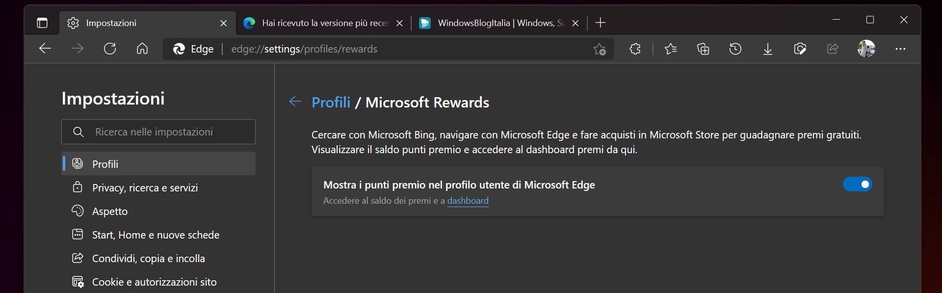 Microsoft Edge Dev - Impostazioni Microsoft Rewards