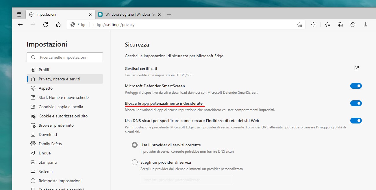 Microsoft Edge - Opzione Blocca app potenzialmente indesiderate