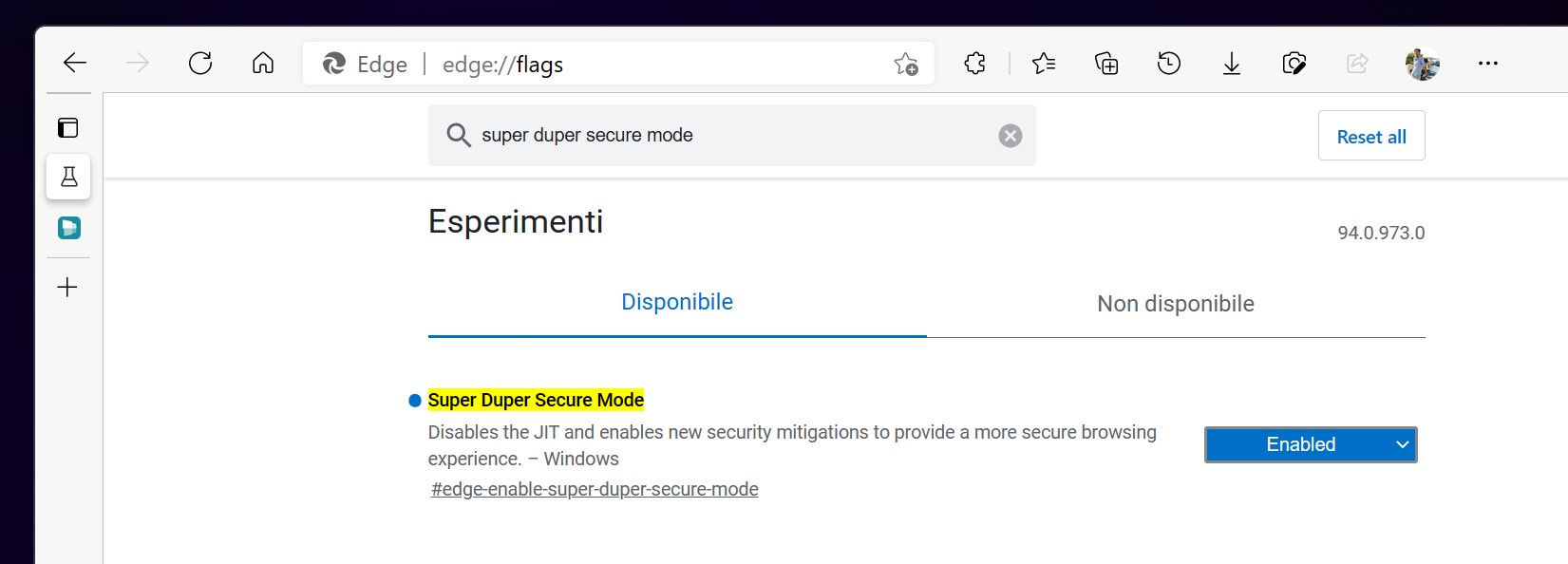 Microsoft Edge - Super Duper Secure Mode flag