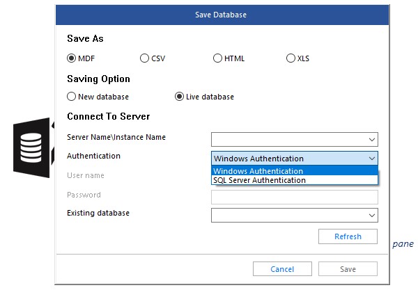 Stellar Repair for MS SQL per Windows - Esportazione database come MDF in un live database