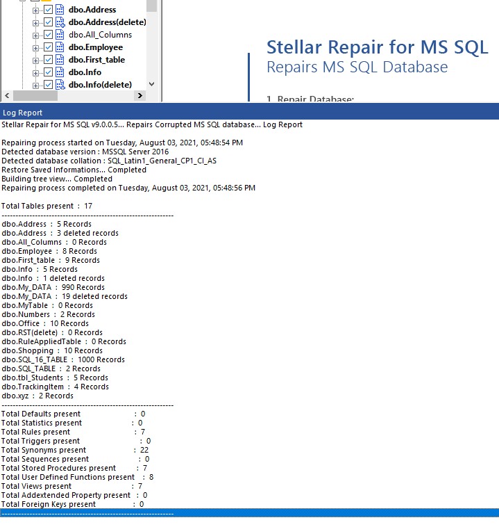 Stellar Repair for MS SQL per Windows - Informazioni log sul database ripristinato