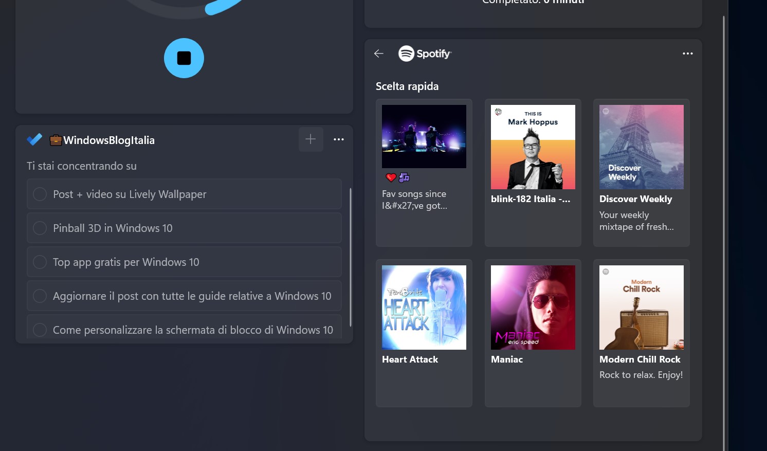 Windows 11 - App Orologio - Pannelli Microsoft To Do e Spotify