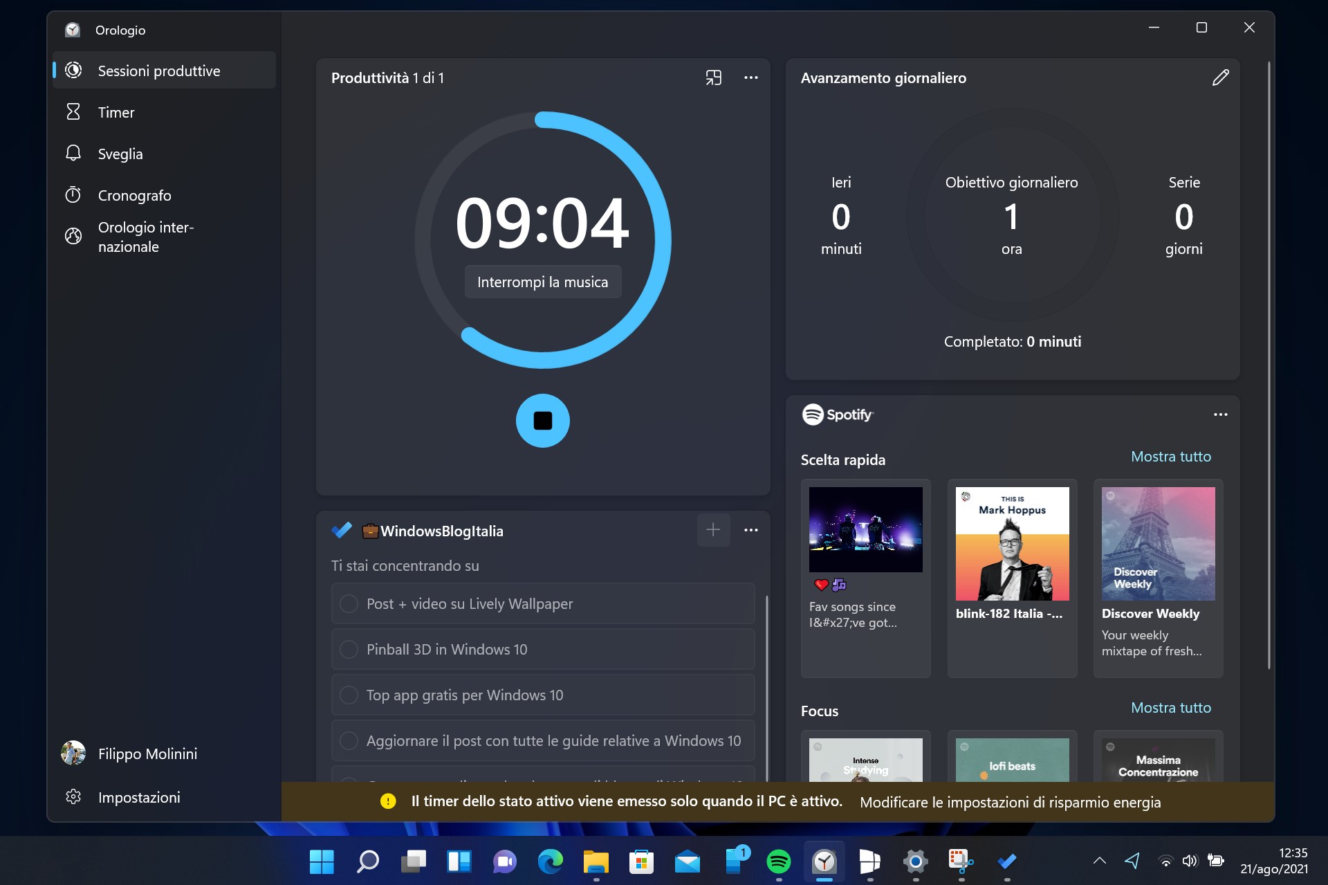 Windows 11 - App Orologio - Sessioni produttive