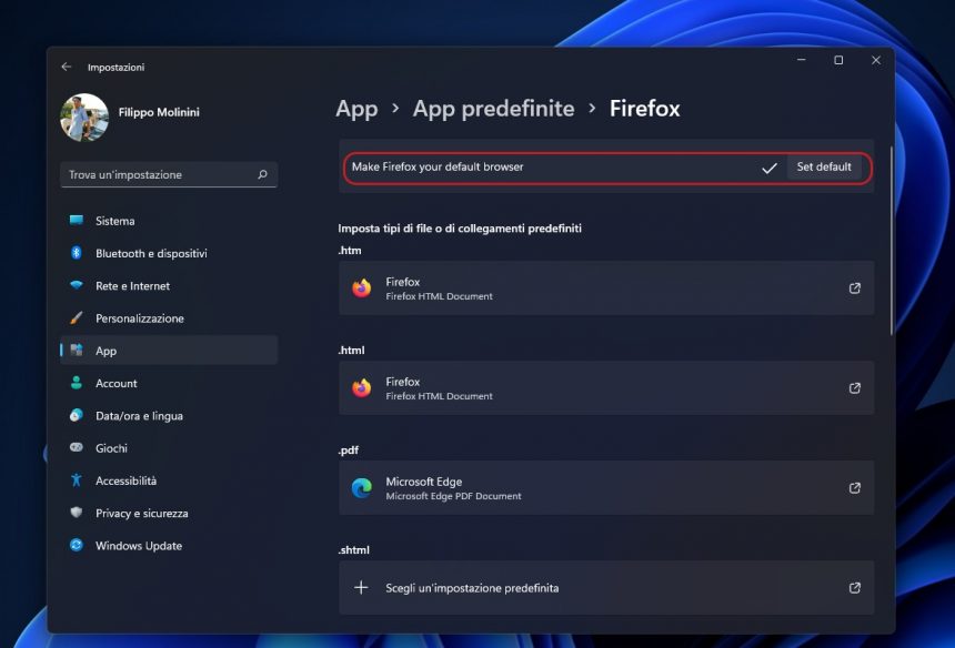 Windows 11 - Impostazioni - App - App predefinite - Impostazione di un browser come predefinito