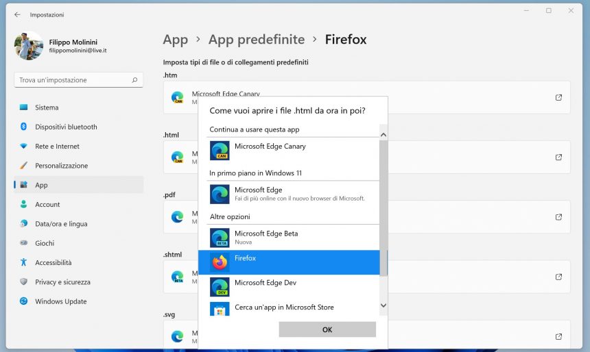 Windows 11 - Impostazioni - App predefinite - Browser