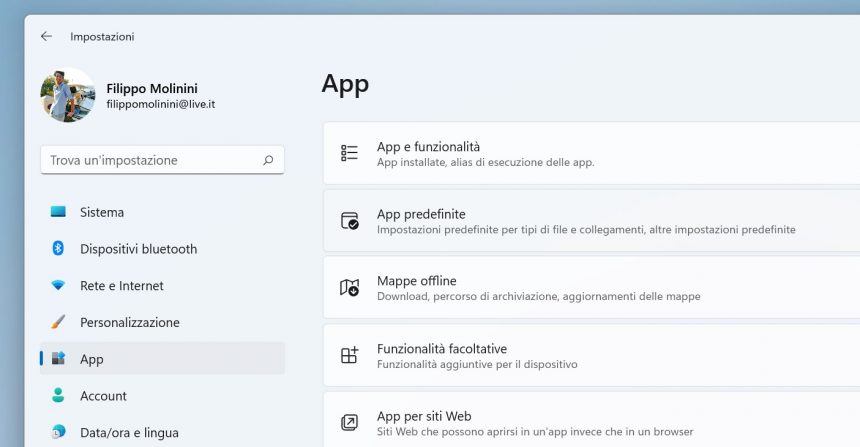 Windows 11 - Impostazioni - Sezione app