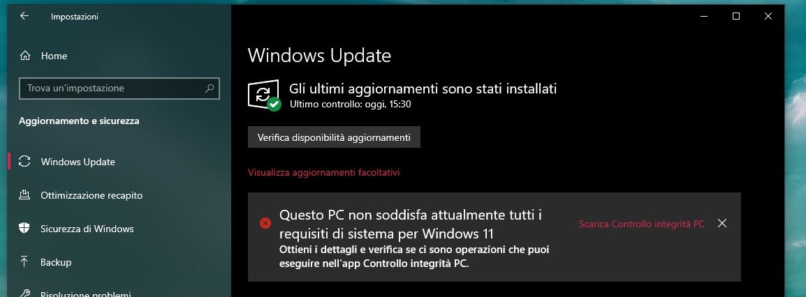 Windows Update - Messaggio sulla compatibilità con Windows 11