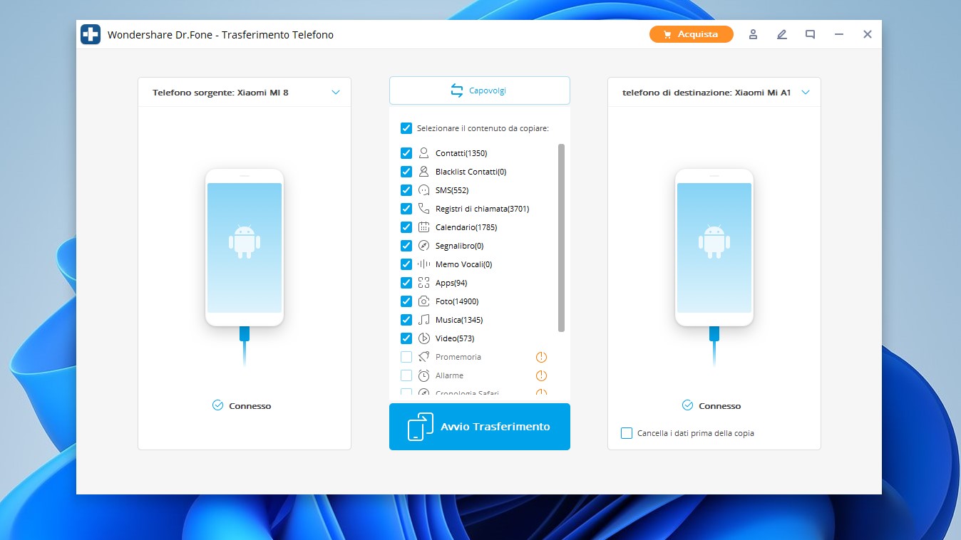 Dr. Fone - Trasferimento Telefono per Windows - Selezione dei dati e file da passare tra i due smartphone