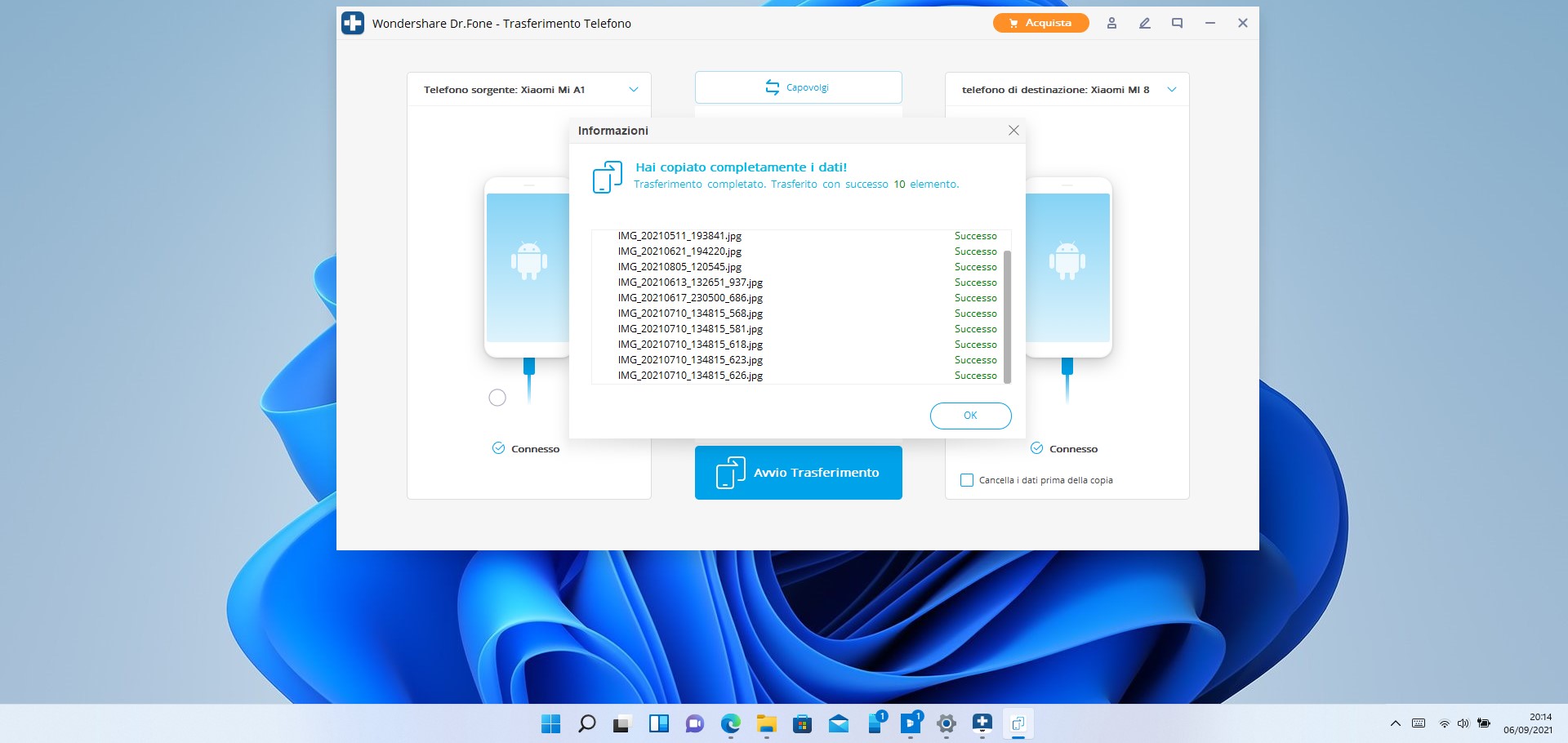 Dr. Fone - Trasferimento Telefono per Windows - Trasferimento completato