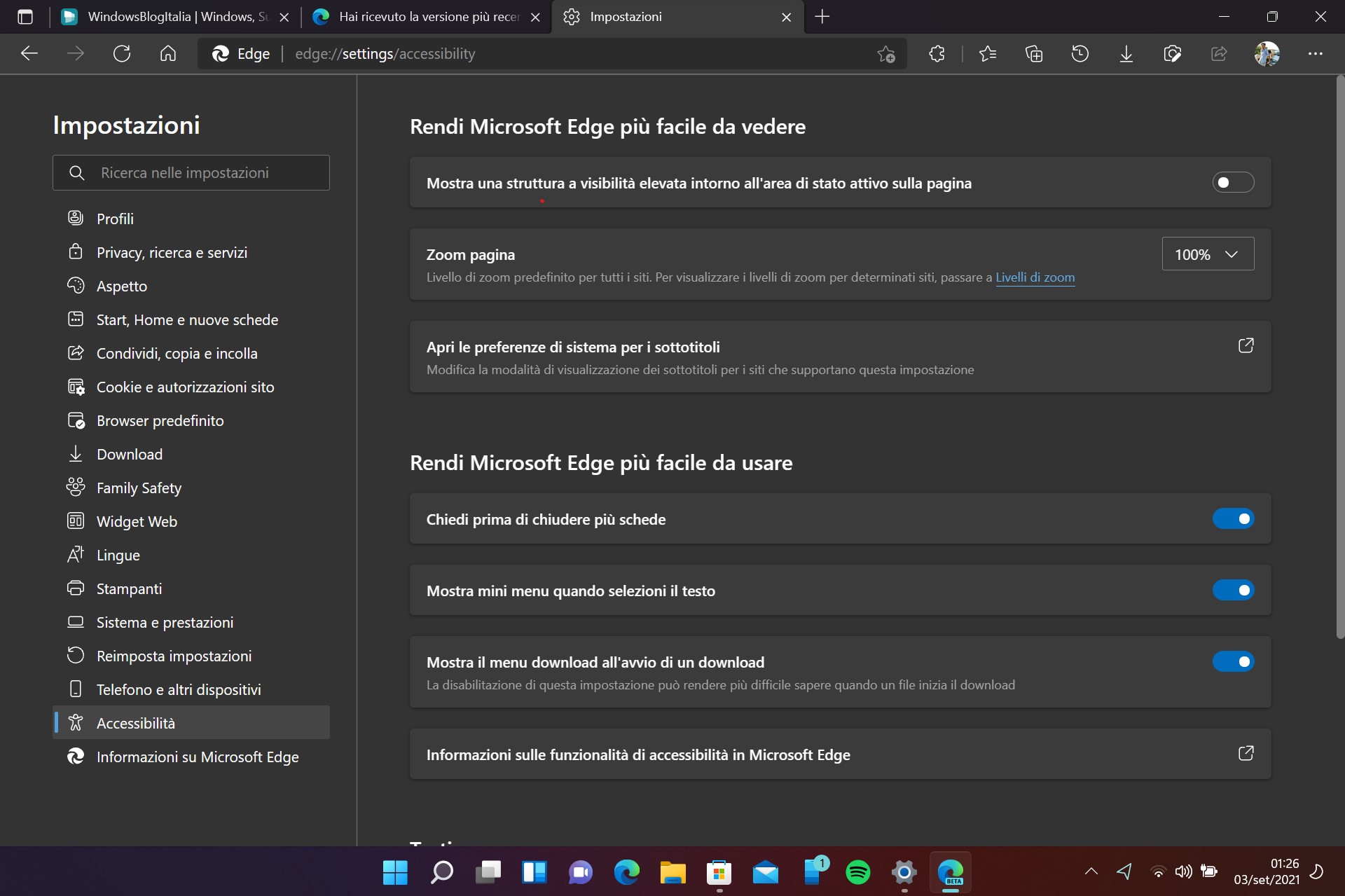 Microsoft Edge Beta - Nuova pagina Accessibilità