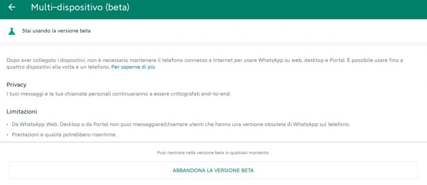 WhatsApp per Android - Abbandona la versione beta di Multi-dispositivo