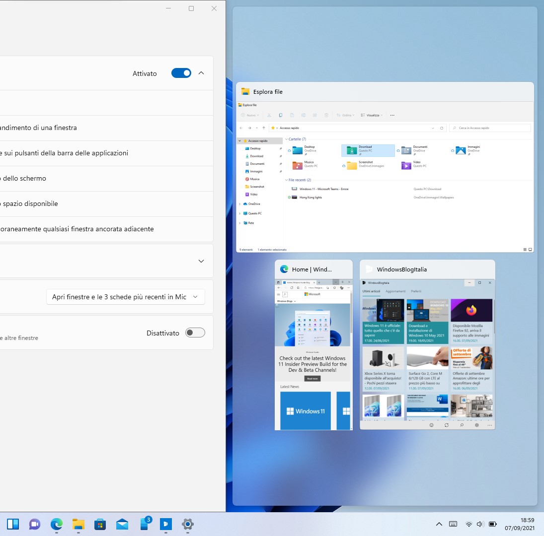 Windows 11 - Affiancamento delle finestre con effetto acrilico del Fluent Design