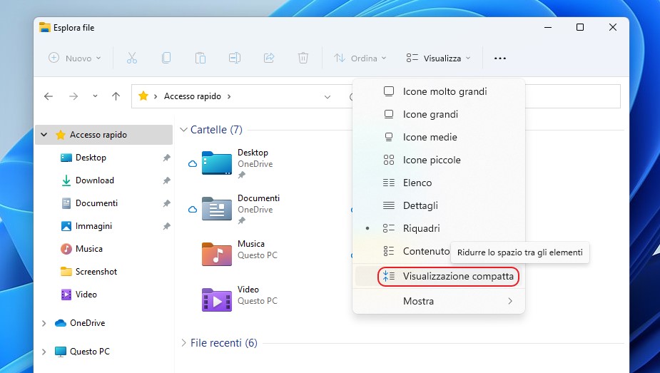 Windows 11 - Esplora file - Visualizzazione compatta