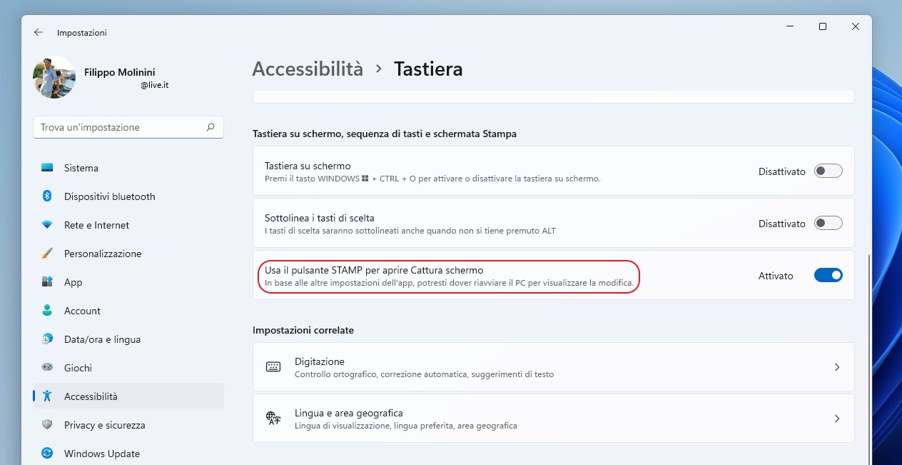 Windows 11 - Impostazioni - Accessibilità - Usa il pulsante STAMP per aprire Cattura schermo