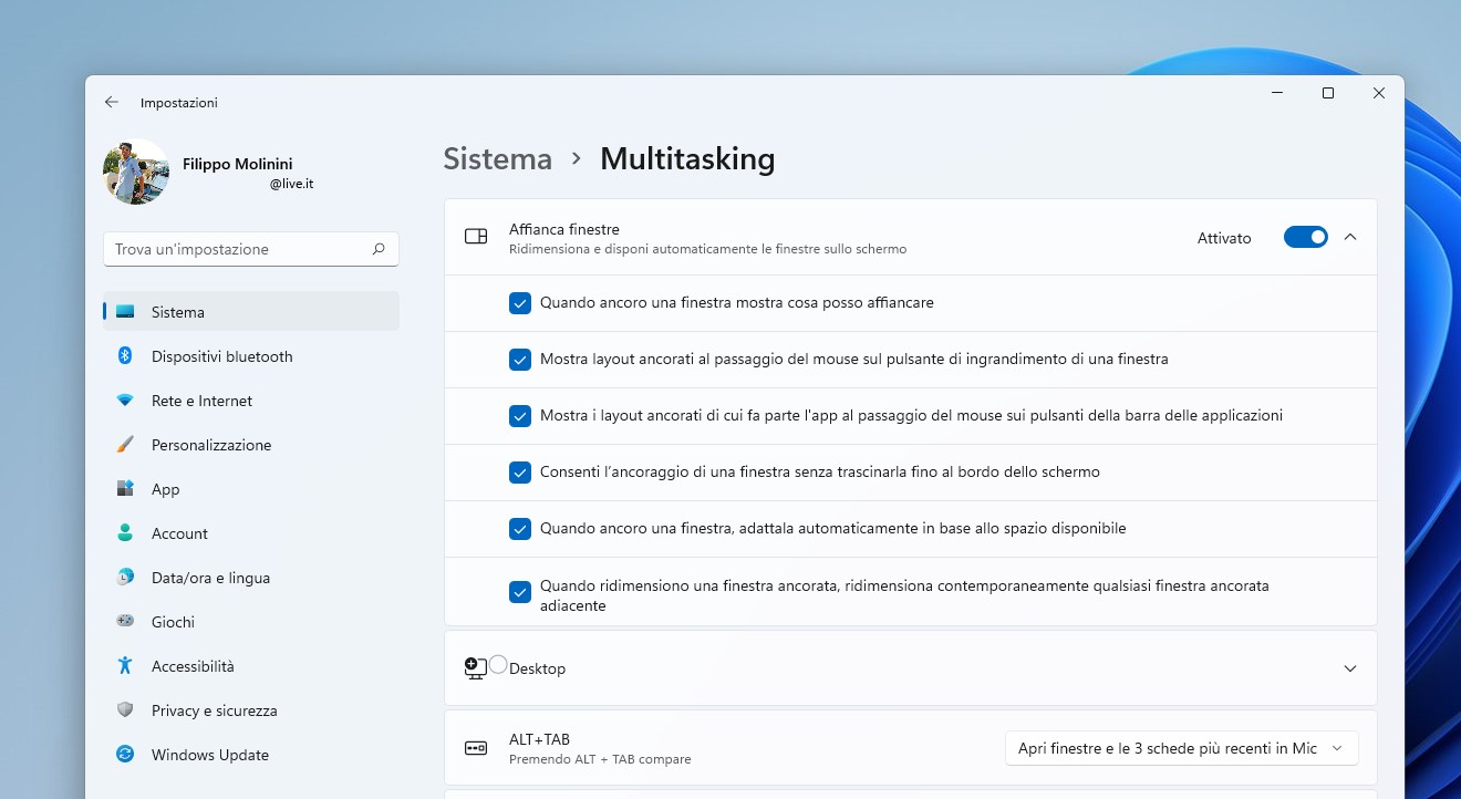 Windows 11 - Impostazioni - Multitasking - Affianca finestre