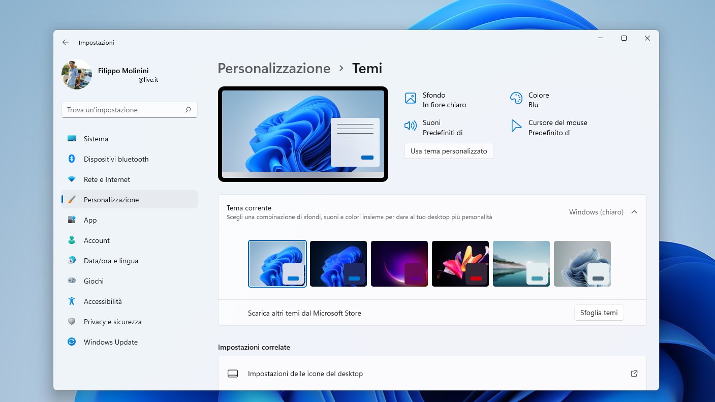 Windows 11 - Impostazioni - Personalizzazione - Temi