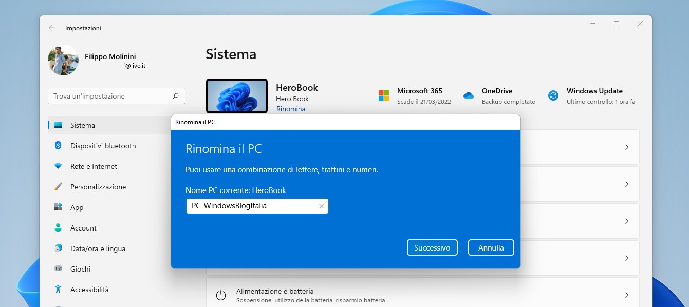 Windows 11 - Impostazioni - Rinomina il PC