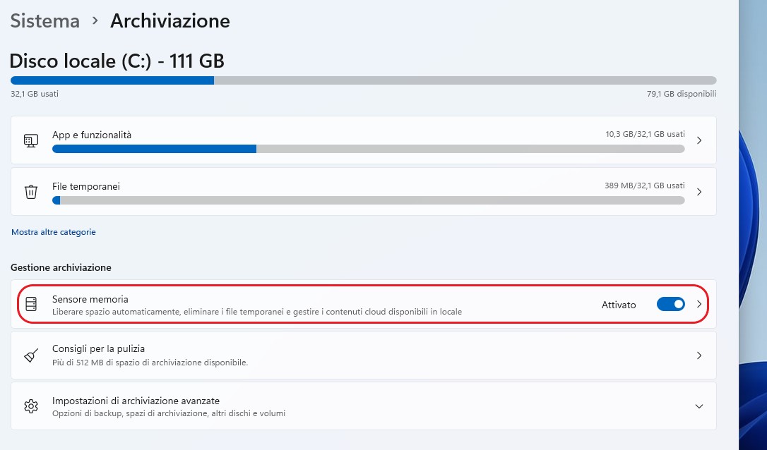 Windows 11 - Impostazioni - Sensore memoria