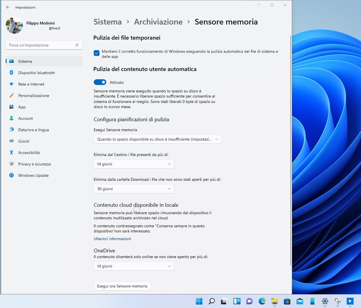 Windows 11 - Impostazioni - Sistema - Archiviazione - Sensore memoria