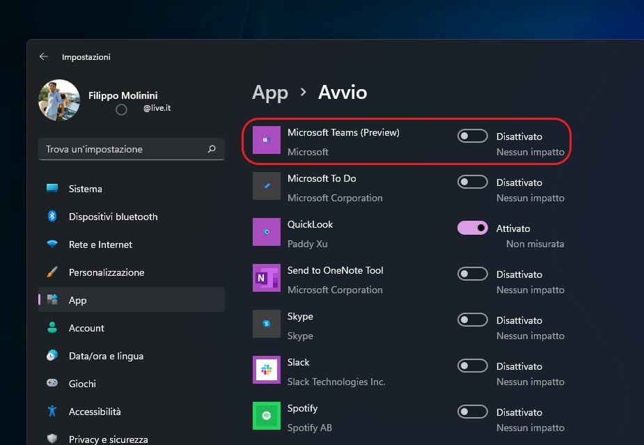 Windows 11 - Impostazioni di avvio delle app - Microsoft Teams